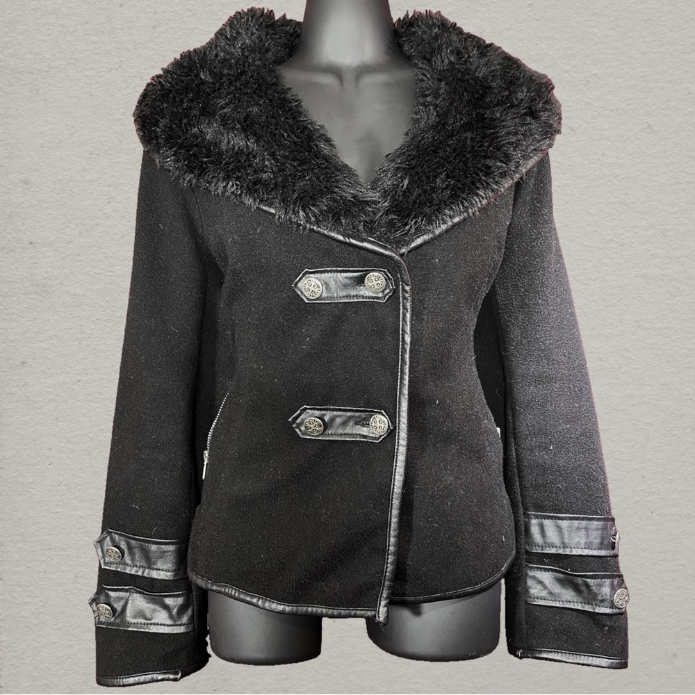 SOLD: Black Gothic Military Coat Faux Fur Trim Steampunk Small